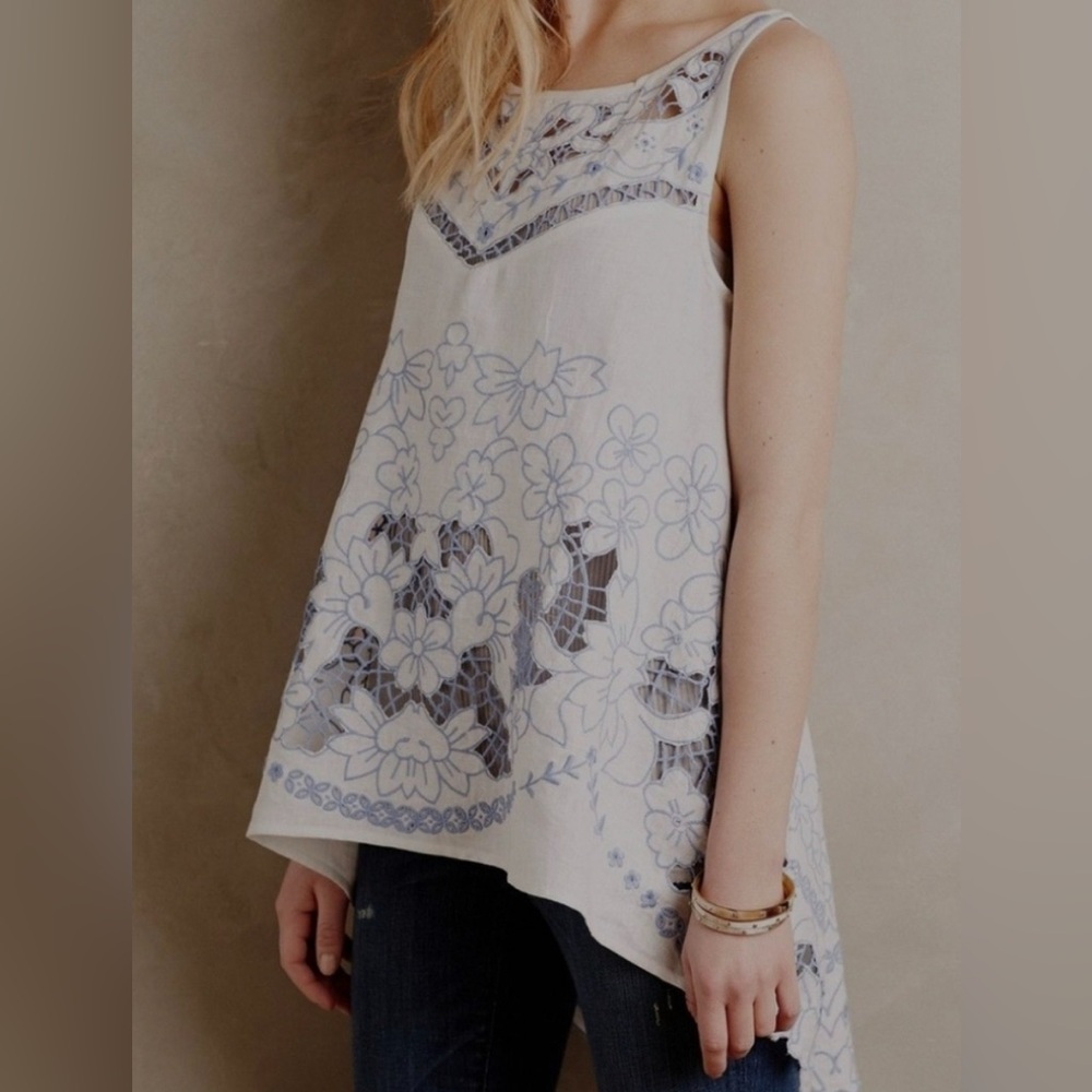 Anthropologie HD in Paris Embroidered Floral Linen Tank Top Blouse Coastal Boho